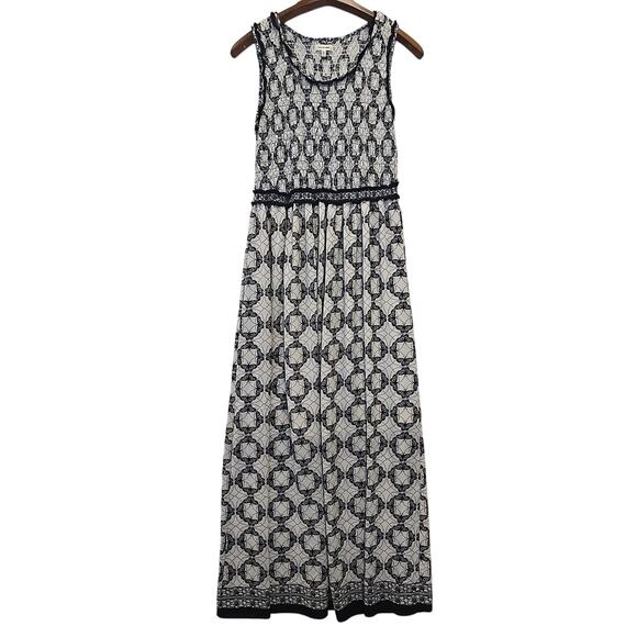 Max Studio Womens Smocked Maxi Dress M Geometric Butterfly Black Ivory Boho - Picture 1 of 12